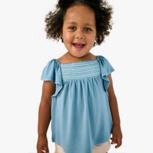 Dusk Blue Smocked Flutter Top