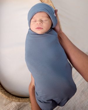 Hazy Blue Ribbed Swaddle & Infant Beanie Set