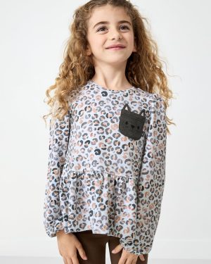 Snowy Leopard Puff Sleeve Peplum Top